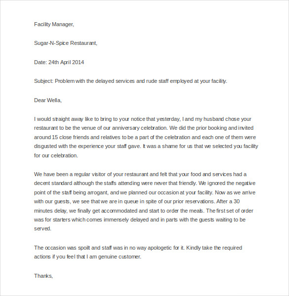 restaurant rude staff complaint letter 2
