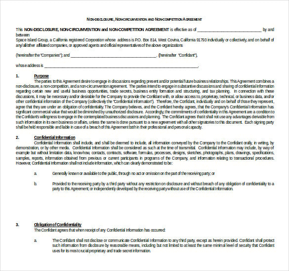 company non compete agreement template free word format
