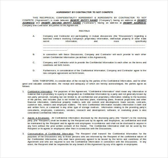 contractor non compete agreement free word template download