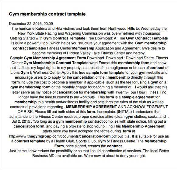gym membership contract template pdf printable download