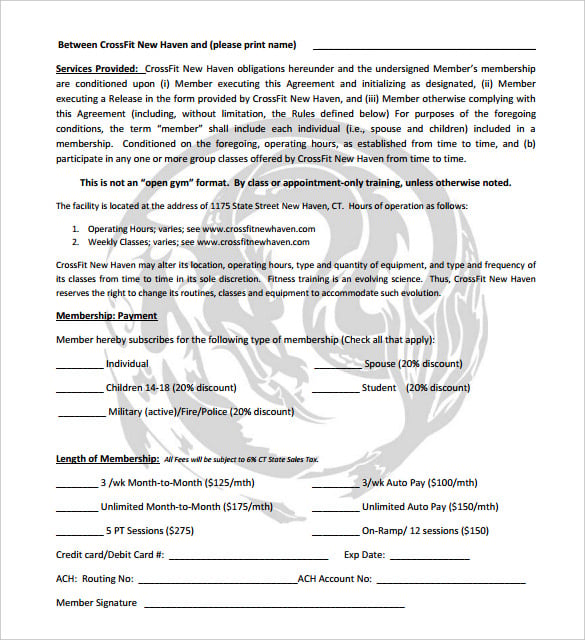 crossfit gym contract template pdf printable for free