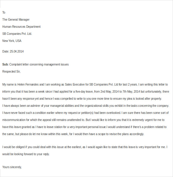 employee complaint letter to management