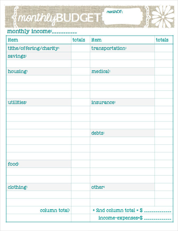 monthly budget planner template printable