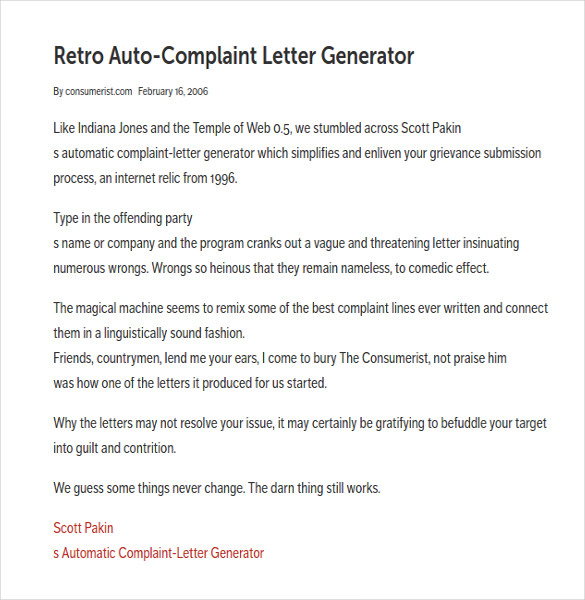 free sample complaint letter generator free download