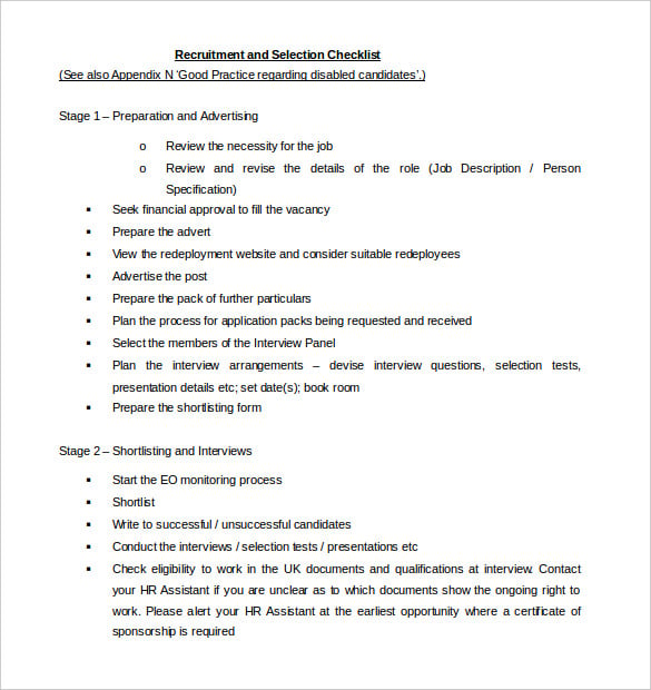 free download recruitment and selection blank checklist