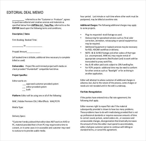 simple editorial deal memo template pdf download