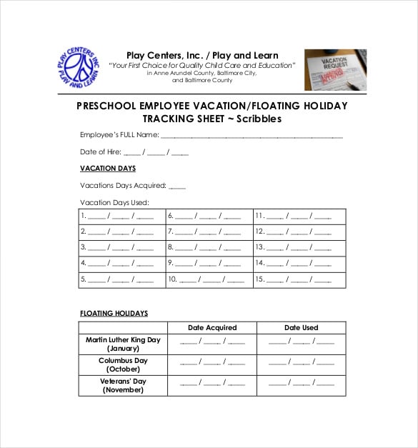 employee vacation floating holiday tracking sheet free pdf format download