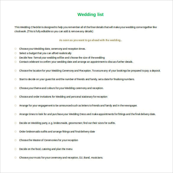 wedding list template for free download