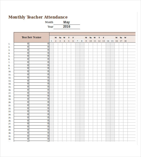 monthly teacher attendance tracking excel format download