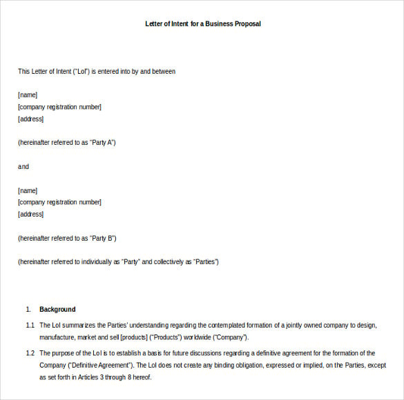 letter of intent for a business proposal free word template