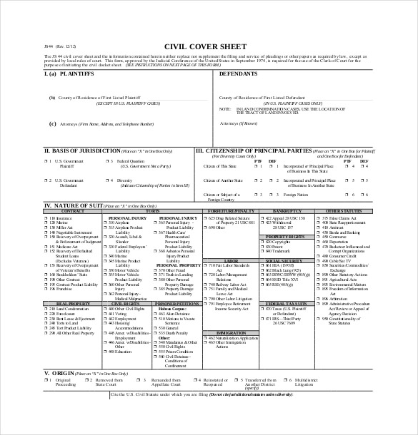 jurdiciary civil cover sheet download