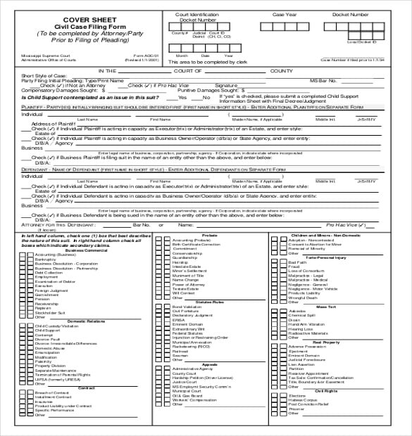 civil case cover sheet filling form download