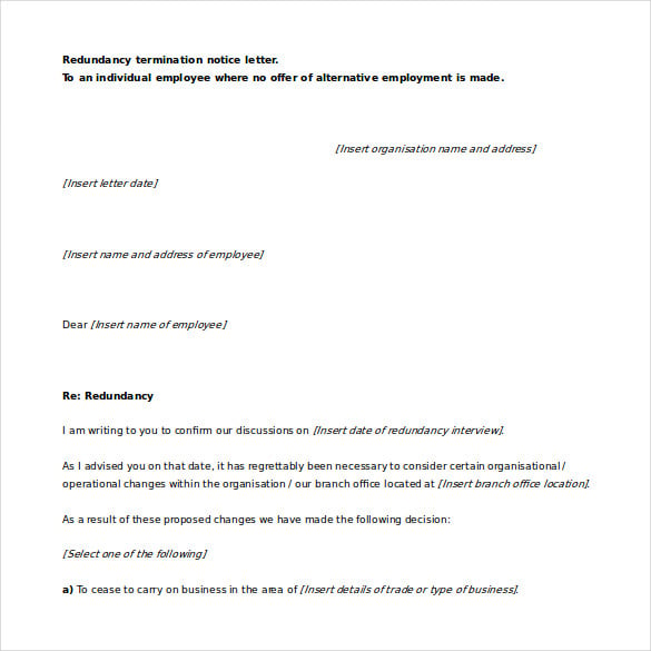 redundancy termination notice letter ms word format free download