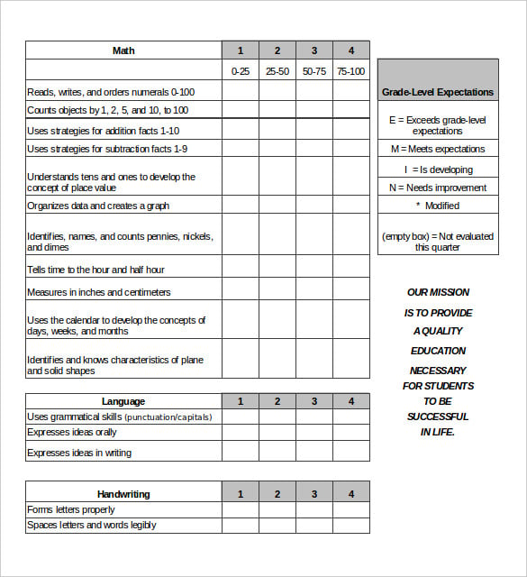 first grade report card template excel format for free