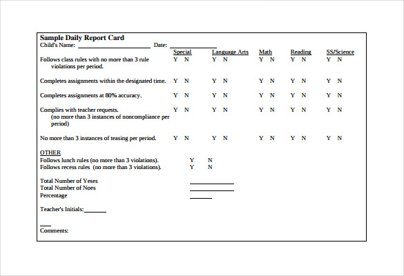 school daily behavior report card template pdf printable