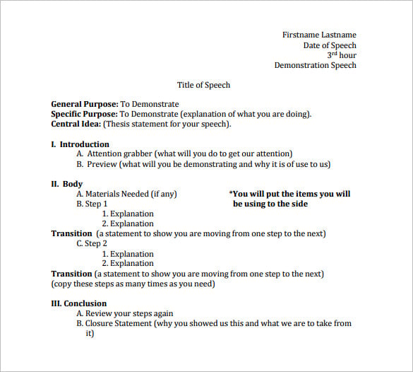 printable demonstration speech outline template pdf download