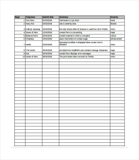 excel format of bug tracking template