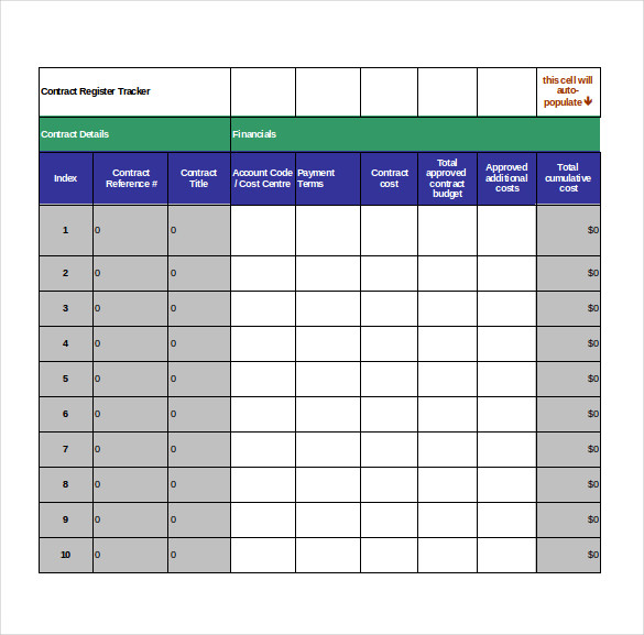 contract register tracker excel format template download