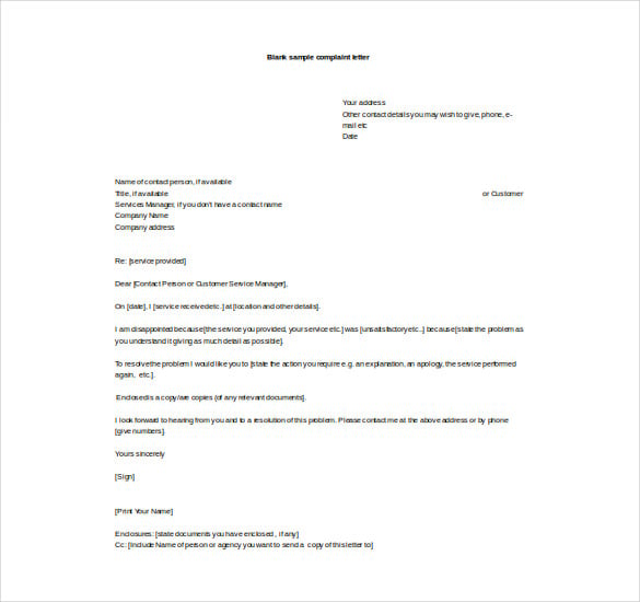 free word format blank complaint letter