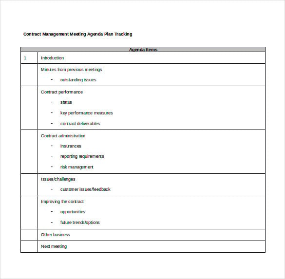 contract management meeting agenda plan tracking doc format template