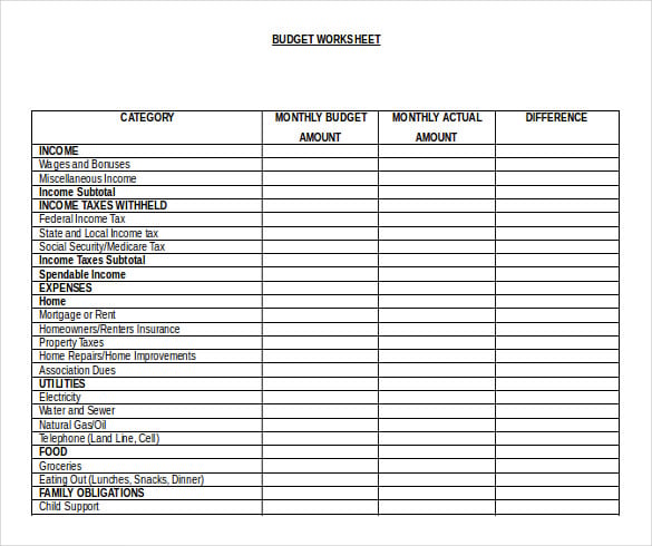 budget worksheet template free word format