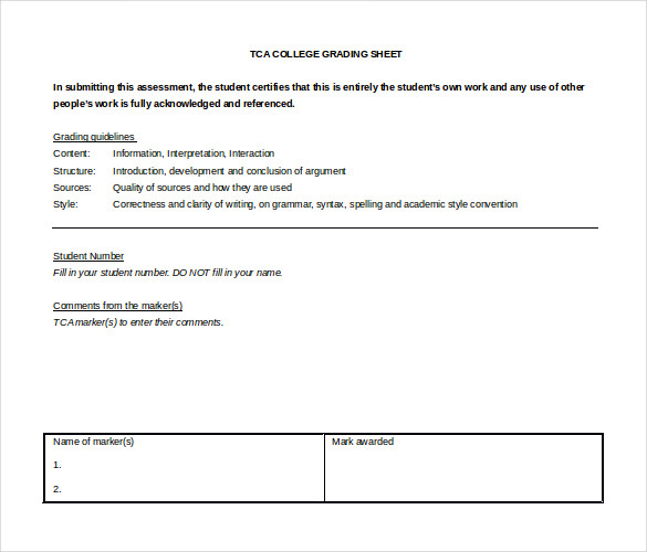 college grading sheet template free word format