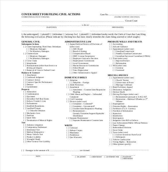 civil actions cover sheet free download