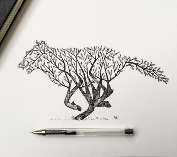 awesome pen drawing of tree animal together