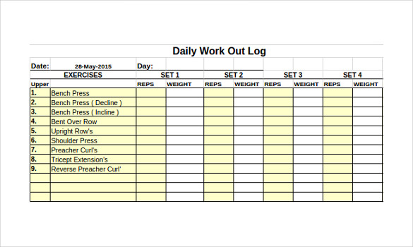 Weight Training Workout Log Downloadable Graph