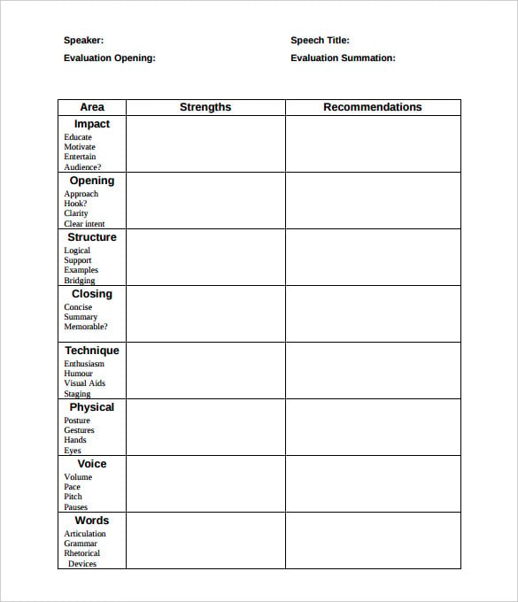 speaker speech toastmaster evaluation form template pdf