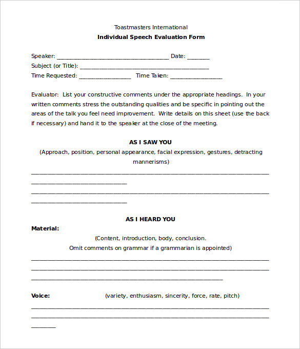 individual speech toastmasters evaluation form template download