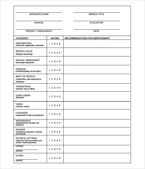 blank generic evaluation toastmaster form template free printable