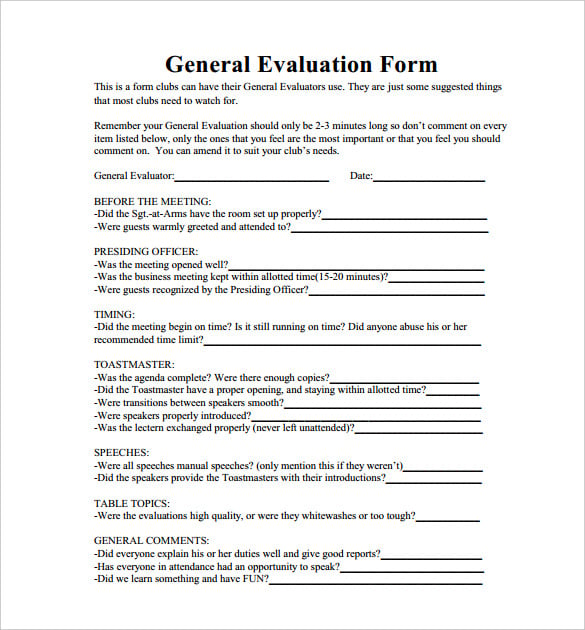 general toastmaster evaluation form template pdf format free download