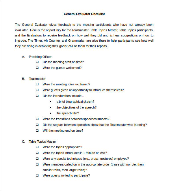 general toasmasters evaluator checklist template word doc download