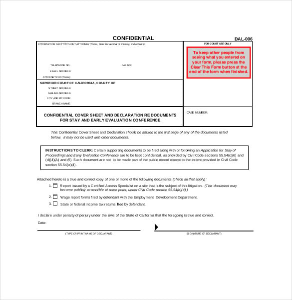 declaration confidential cover sheet