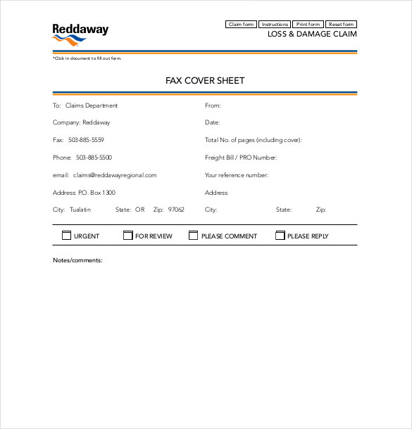 sample reddaway fax cover sheet