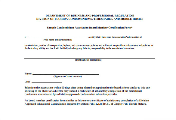 association board membership certification form template printable