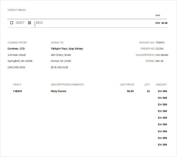 accounting credit memo template example format