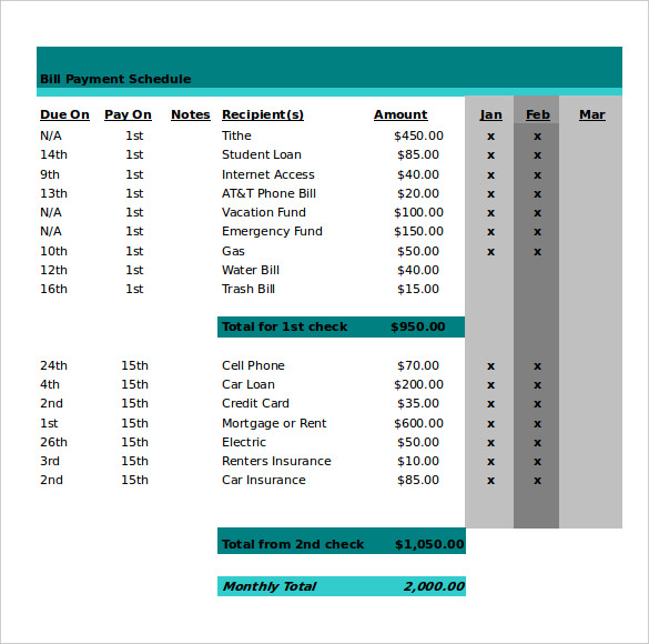 monthly bill payment schedule excel template excel download