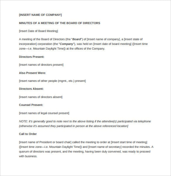 board of directors meeting report template pdf sample