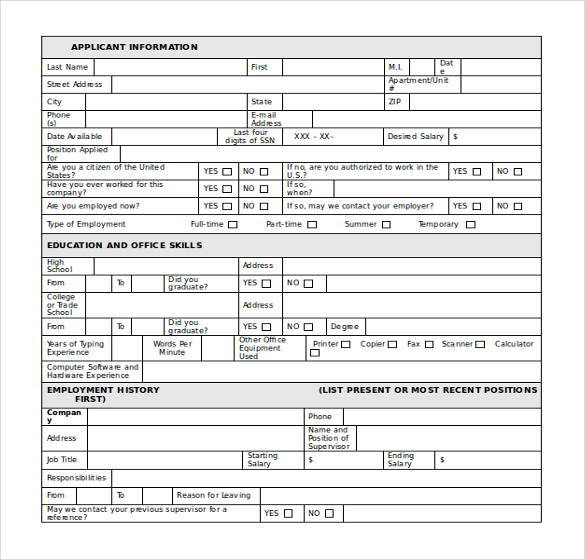 Employment Application Template Microsoft Word