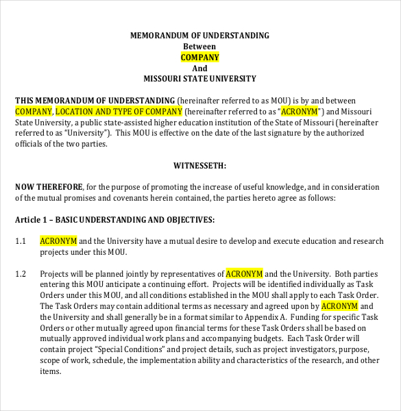 memorandum of understanding between comany and university pdf template