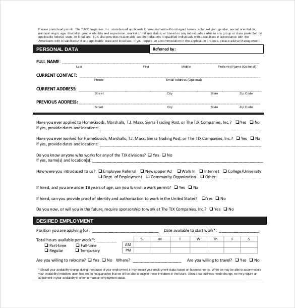 employement application form free template download