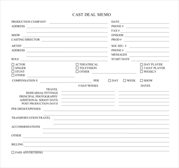 cast deal memo template for film contracts form in pdf