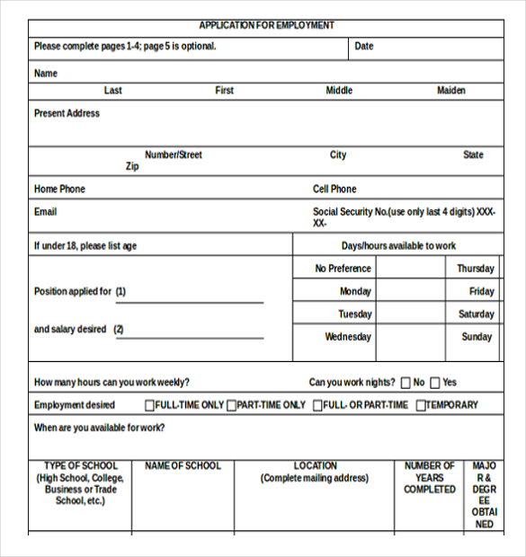 sample employment application template