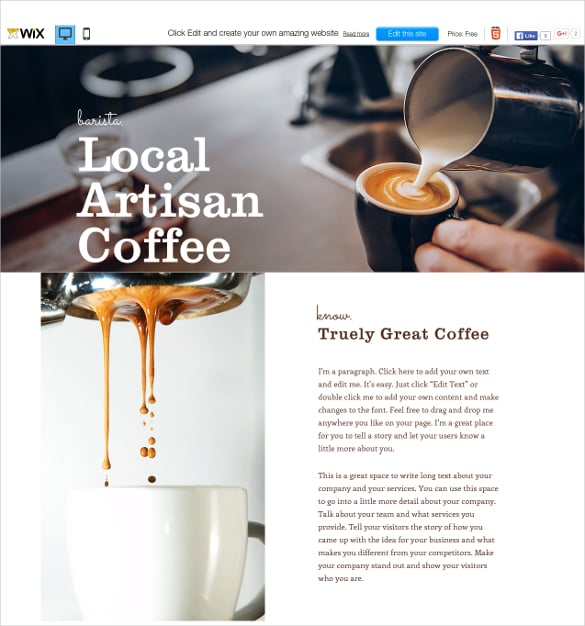 free coffee house wix template