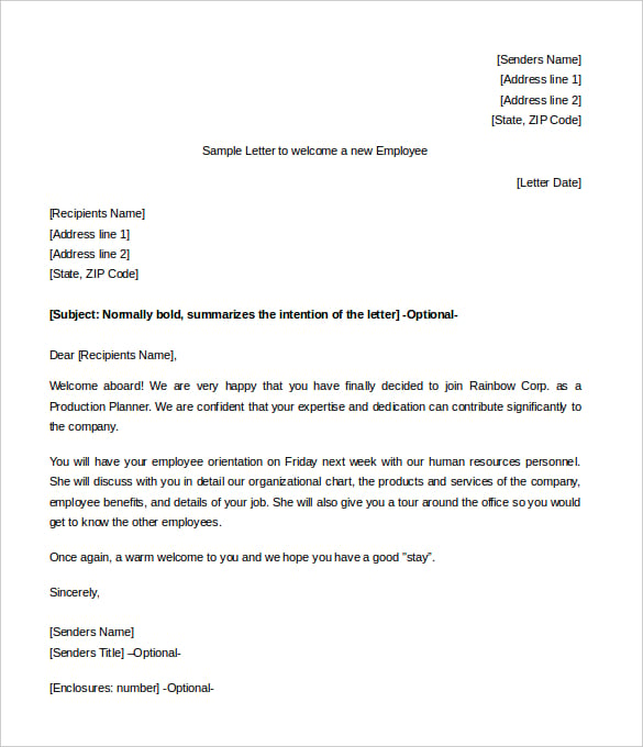 download sample letter template to welcome a new employee