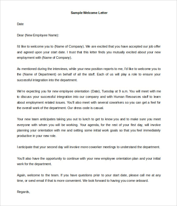 sample welcome letter template from manager download