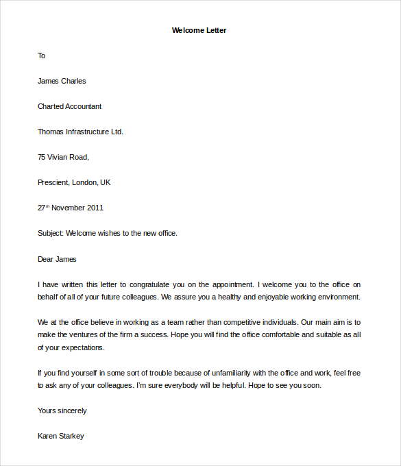 welcome letter template to new office free download