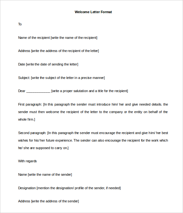 welcome letter format template free ms word download